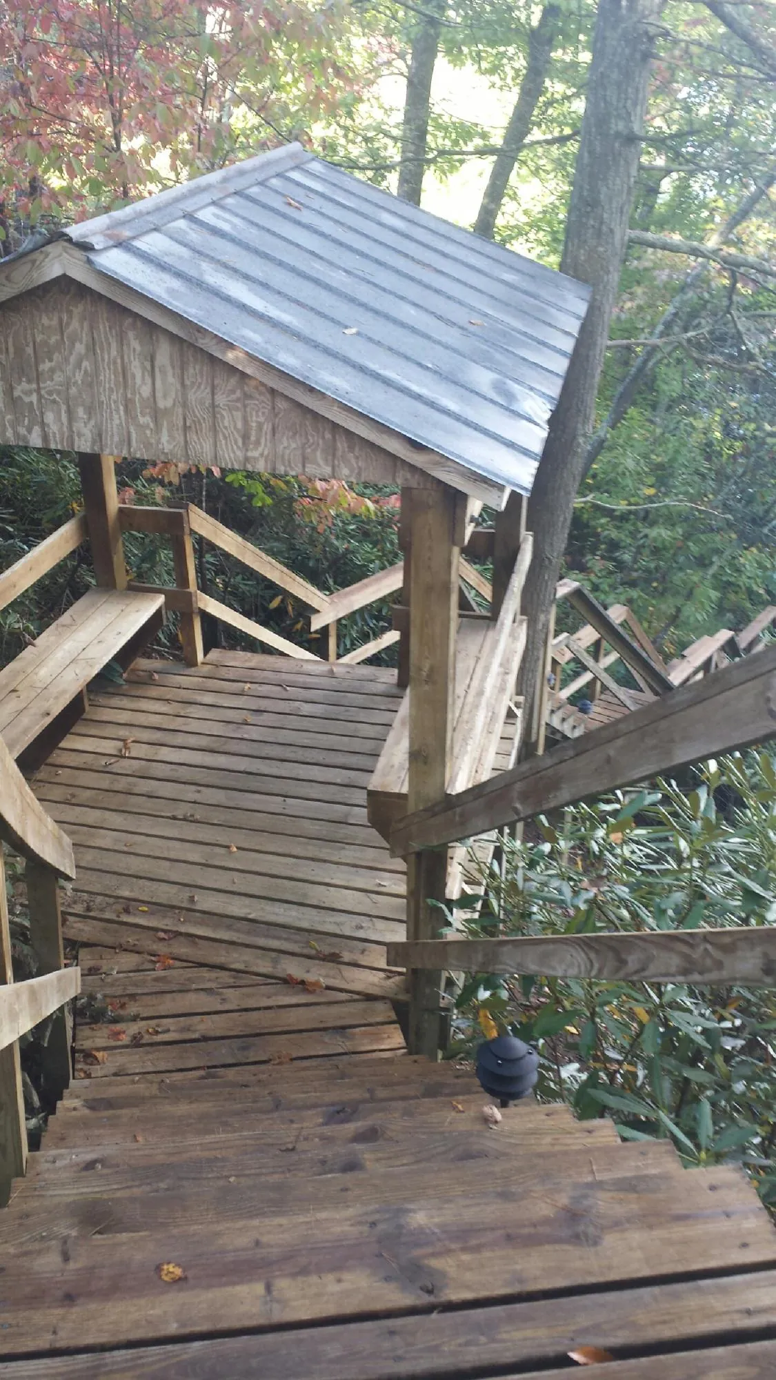 Metal roofed shelter over wooden steps on a wooded walkway — Skylight Repair & Installation work by our crew in Salemburg